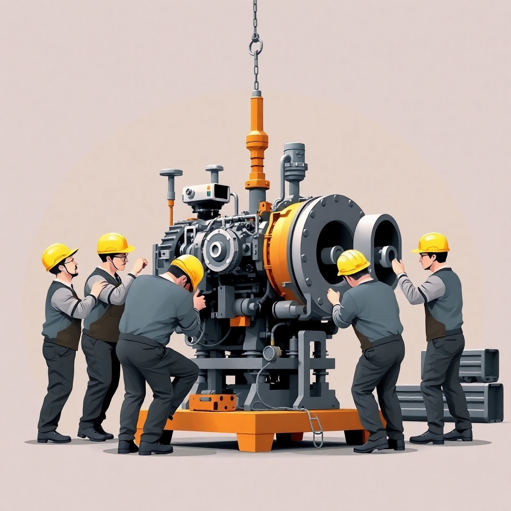 A stylized image depicting a group of construction workers carefully assembling a complex machine. Each worker is focused on their specific task, contributing to the overall construction process. The machine represents a marketing and sales system, with interconnected parts working together in harmony. The overall tone is collaborative and efficient, conveying a sense of teamwork and expertise. The style references should be modern and industrial, reflecting the hands-on approach of Fleeks Marketing Systems.