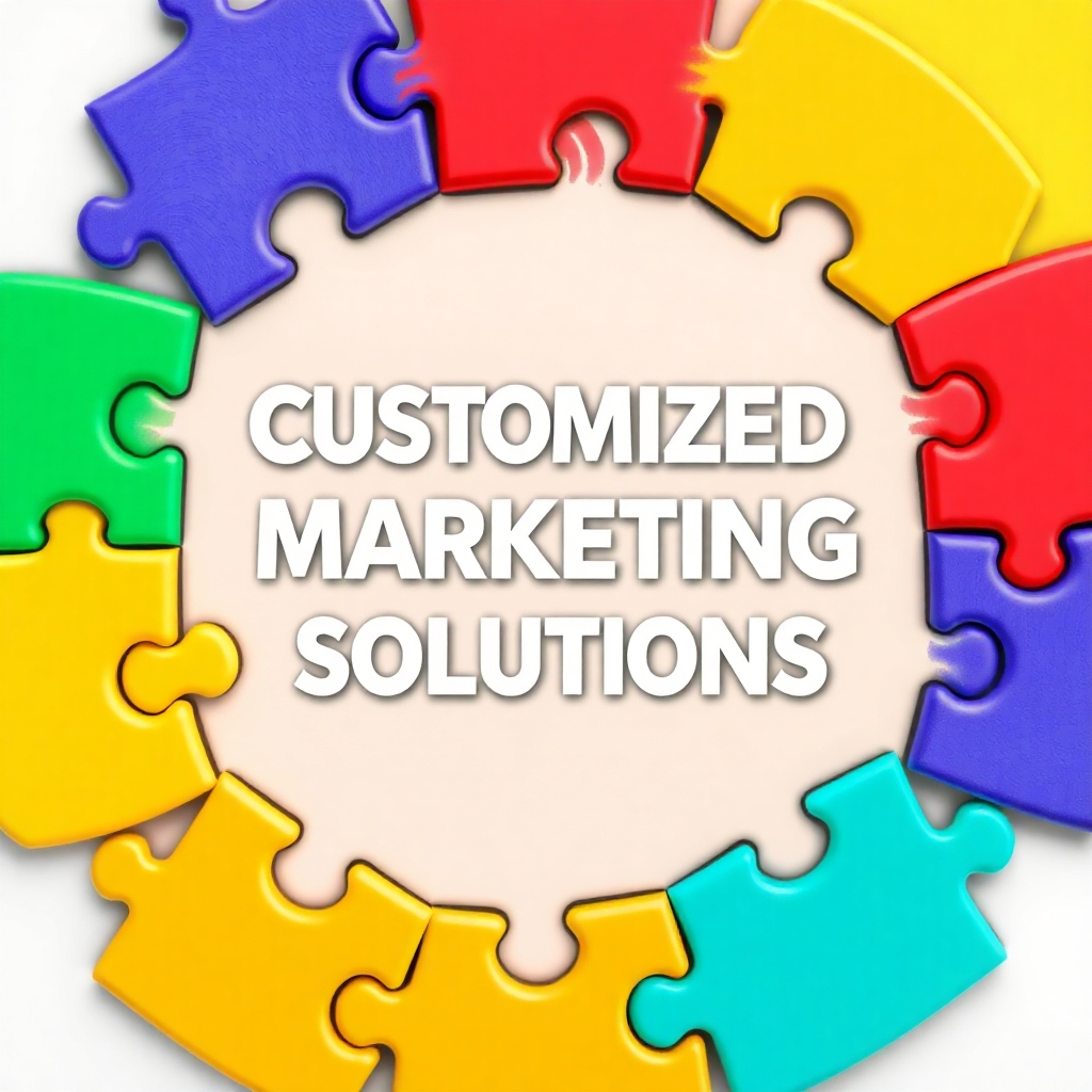 A stylized image representing customized marketing solutions. The visual depicts puzzle pieces fitting together seamlessly, forming a complete picture of a business. Each puzzle piece represents a different marketing strategy. The color palette should be vibrant and diverse. Camera angle: overhead shot, focusing on the completed puzzle. Texture details: smooth puzzle pieces with sharp edges. Style reference: colorful and playful. Technical Specs: 4K resolution, high quality.