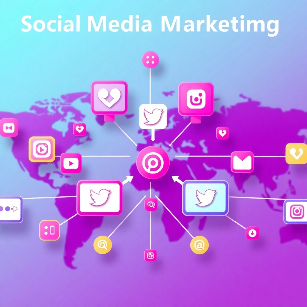 A stylized image representing social media marketing. The visual should depict a network of interconnected devices, each displaying social media icons. The background should have global map. The color palette consists of purples and pinks. Camera angle: a birds-eye-view, showing the global network. Texture details: crisp and clean icons. Style reference: modern and interconnected. Technical Specs: 4K resolution, high quality.