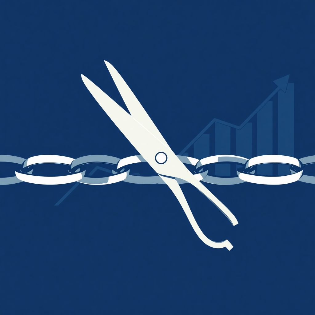 A stylized image representing cost-effective marketing strategies. The visual should depict a pair of scissors cutting through a chain representing excessive marketing costs. The background should have faint outlines of charts and marketing budgets. The color palette consists of dark blues. Camera angle: close-up shot to emphasize the action. Texture details: sharp focus on the scissors. Style reference: minimalist and symbolic. Technical Specs: 4K resolution, high quality.