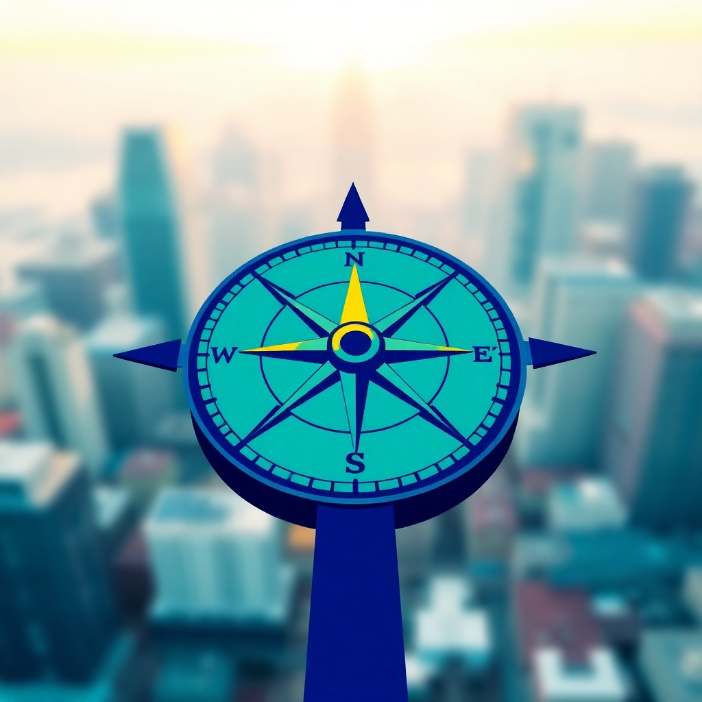 A stylized image representing strategic brand repositioning. The visual should depict a compass pointing in a new direction, with the brand logo subtly integrated into the compass design. The background should be a blurred cityscape, suggesting a dynamic and ever-changing market environment. The color palette consists of bold blues, greens, and purples, with a bright yellow highlight to emphasize the new direction. Camera angle: a slightly low angle shot to emphasize the scale and impact of the repositioning. Texture details: smooth gradient transitions in the sky. Style reference: modern and minimalist design, inspired by navigational charts. Technical Specs: 4K resolution, high quality.