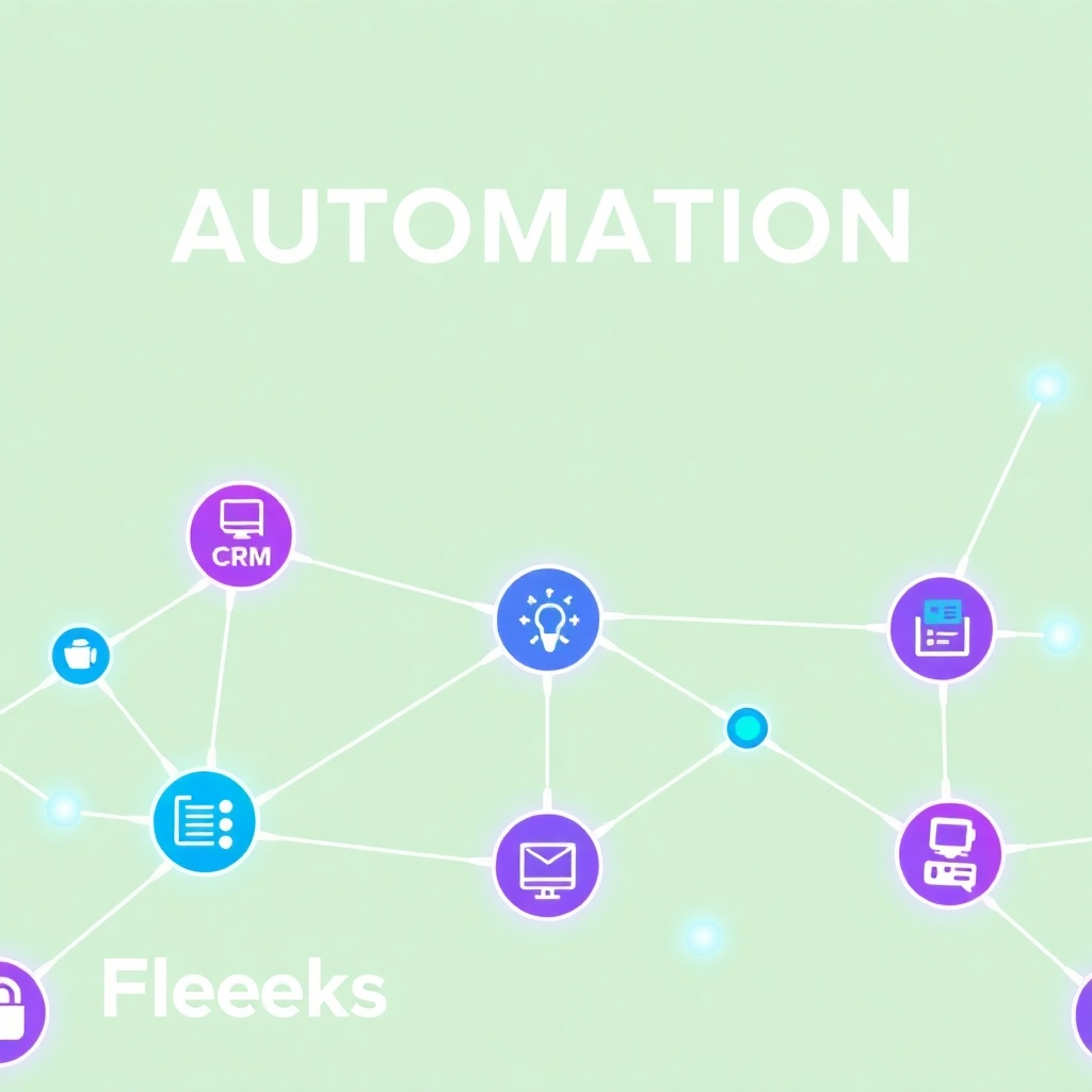  A stylized image showcasing a network of interconnected nodes, each representing a marketing or sales task. Data flows seamlessly between the nodes, represented by glowing lines. The nodes are labeled with icons representing various automation tools, such as CRM, email marketing, and social media management. The color palette is vibrant, with blues, greens, and purples representing the different aspects of automation. The background is a clean, minimalist design, emphasizing the simplicity and efficiency of automated systems. The overall style is modern and tech-focused, reflecting the innovative solutions provided by Fleeks Marketing Systems.