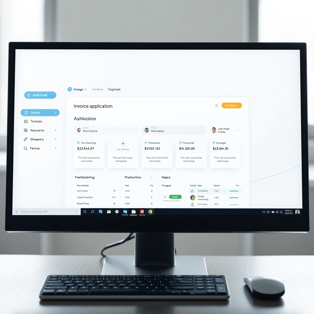 Create a photorealistic image showcasing a clean, modern dashboard on a computer screen displaying the progress of an invoice factoring application. Use a simple, intuitive design with clear visual cues indicating each step. The lighting should be bright and professional.