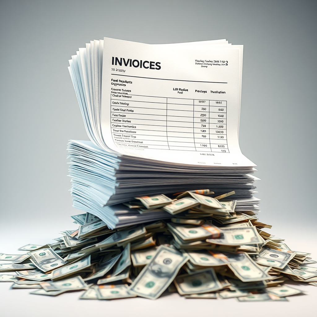 Create a photorealistic image showcasing a stack of invoices transforming into a pile of cash. The invoices should be neatly organized, and the cash should appear crisp and new. Use dynamic lighting to emphasize the transformation.