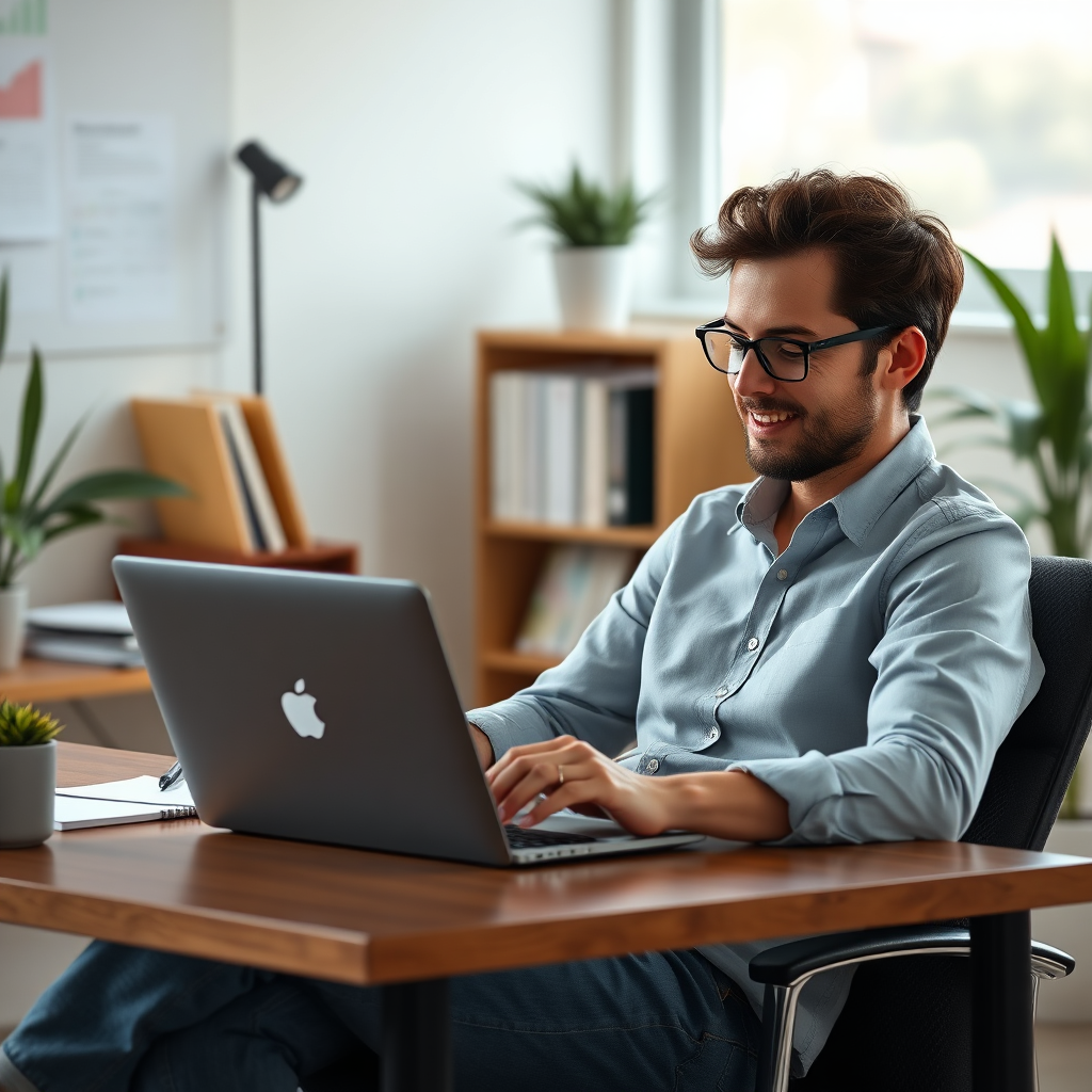 Create a photorealistic image showing a relaxed small business owner managing their finances on a laptop while sitting at a desk. The overall impression should be one of ease and efficiency. Use soft, natural lighting to create a calming atmosphere.