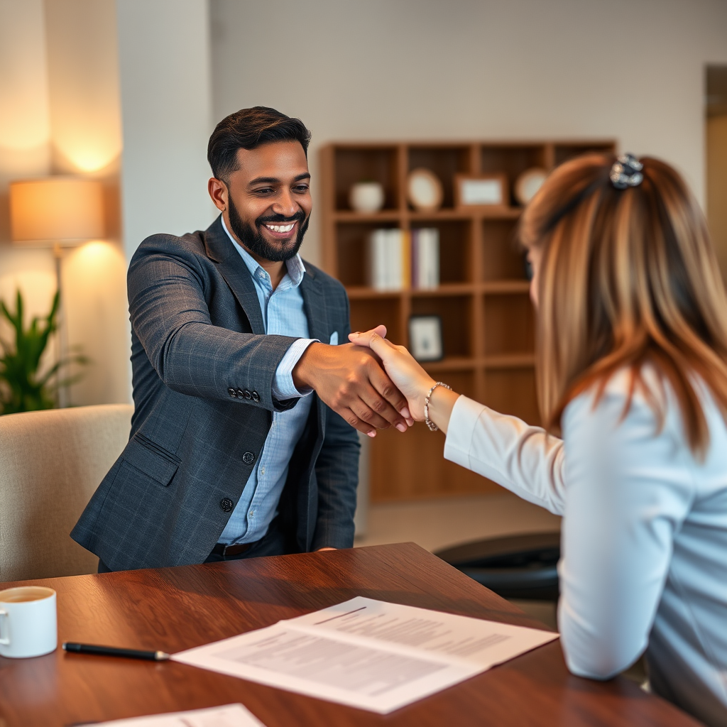Create a photorealistic image of a small business owner confidently shaking hands with a financial advisor over a table with a contract. The scene should convey trust, partnership, and a sense of moving forward. Use warm lighting and a welcoming atmosphere.