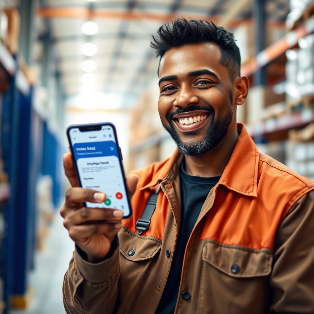 Create a photorealistic image showcasing a small business owner smiling as they receive funds via a mobile banking app. The phone screen should display a clear indication of a successful transfer of funds related to invoice factoring. The background should feature their bustling warehouse.