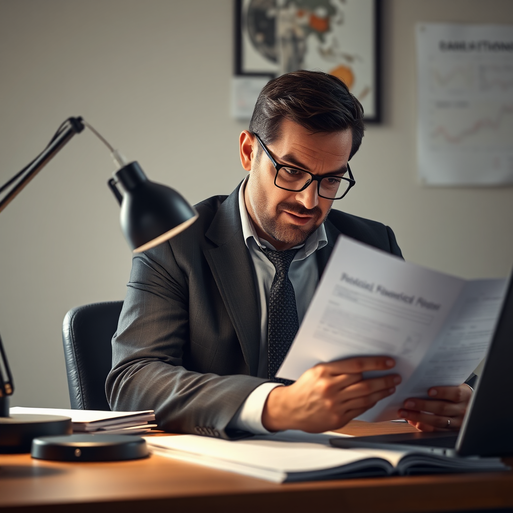 Create a photorealistic image of a business owner reviewing financial documents at their desk, illuminated by a focused desk lamp. The scene should convey a sense of careful analysis and planning.