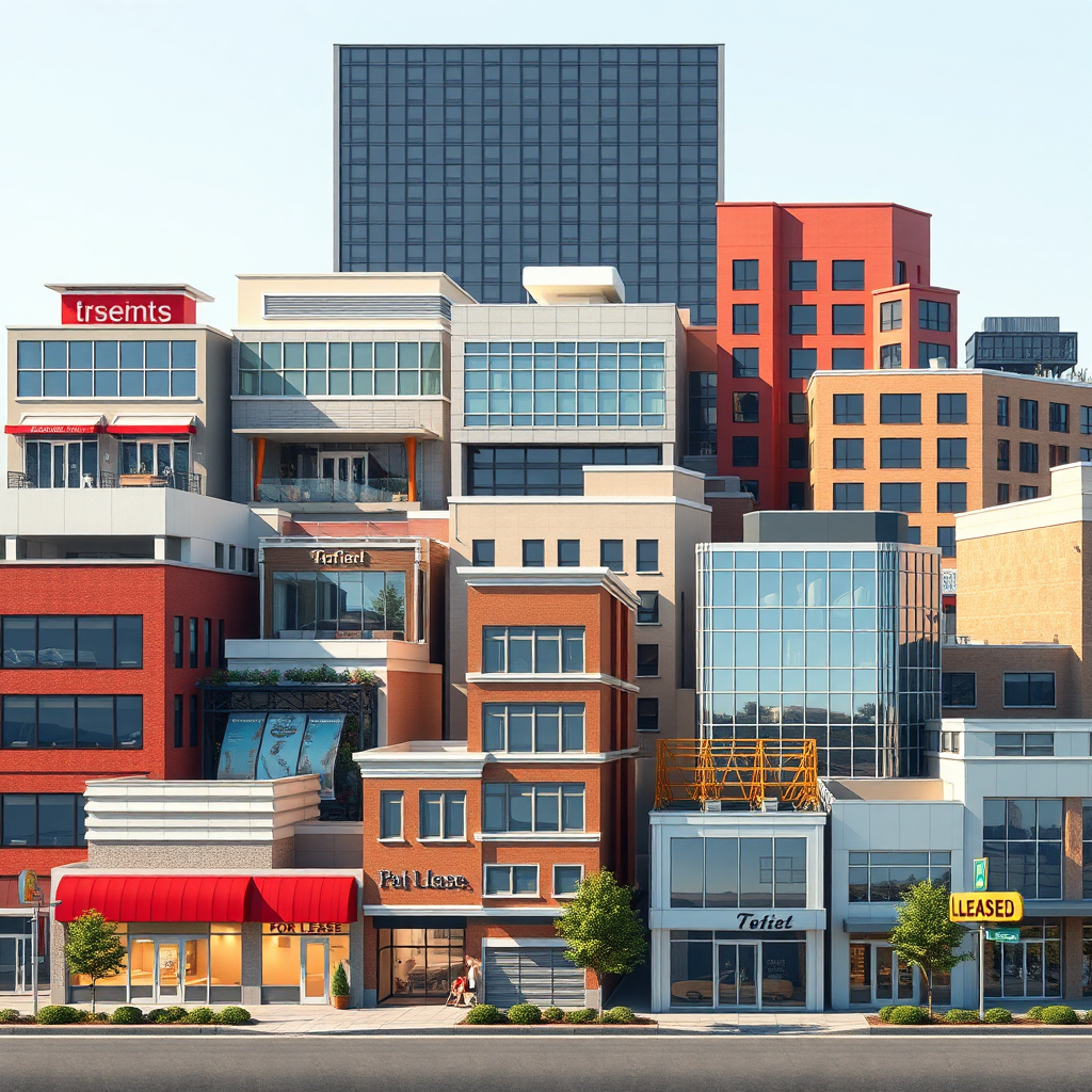 Create a photorealistic image of a diverse portfolio of commercial properties, including retail spaces, office buildings, and mixed-use developments. The lighting should be bright and optimistic, highlighting the potential of each property. The composition should be arranged to show variety and growth, symbolizing a thriving investment portfolio. Include subtle indicators of success, such as 'For Lease' signs turning into 'Leased' signs. The camera angle should be slightly elevated, providing a panoramic view of the investment landscape.