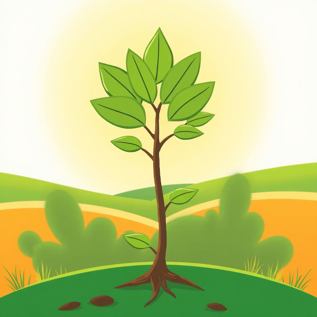 Create a stylized image featuring a seedling growing into a robust tree, with invoices subtly forming the leaves. The background should be a bright, sunny landscape, symbolizing growth and opportunity. The style should be slightly illustrative and optimistic.