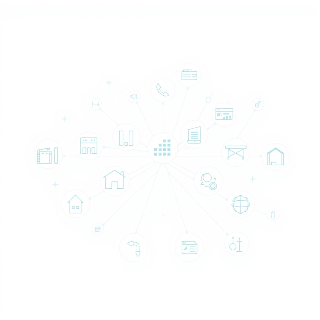 Create a stylized image showing a series of business icons (e.g., manufacturing, distribution, services) connected by a network of lines, symbolizing the widespread applicability of invoice factoring across different industries. Use a clean, modern design with a neutral color palette.