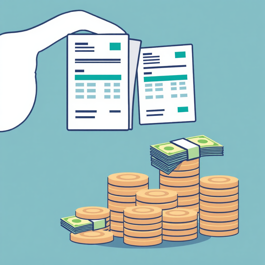 Create a visually appealing illustration depicting the exchange of invoices for cash. The invoices should be stylized and the cash should be represented by stacks of coins or paper money. The style should be clean and simple, easily conveying the concept of invoice factoring.