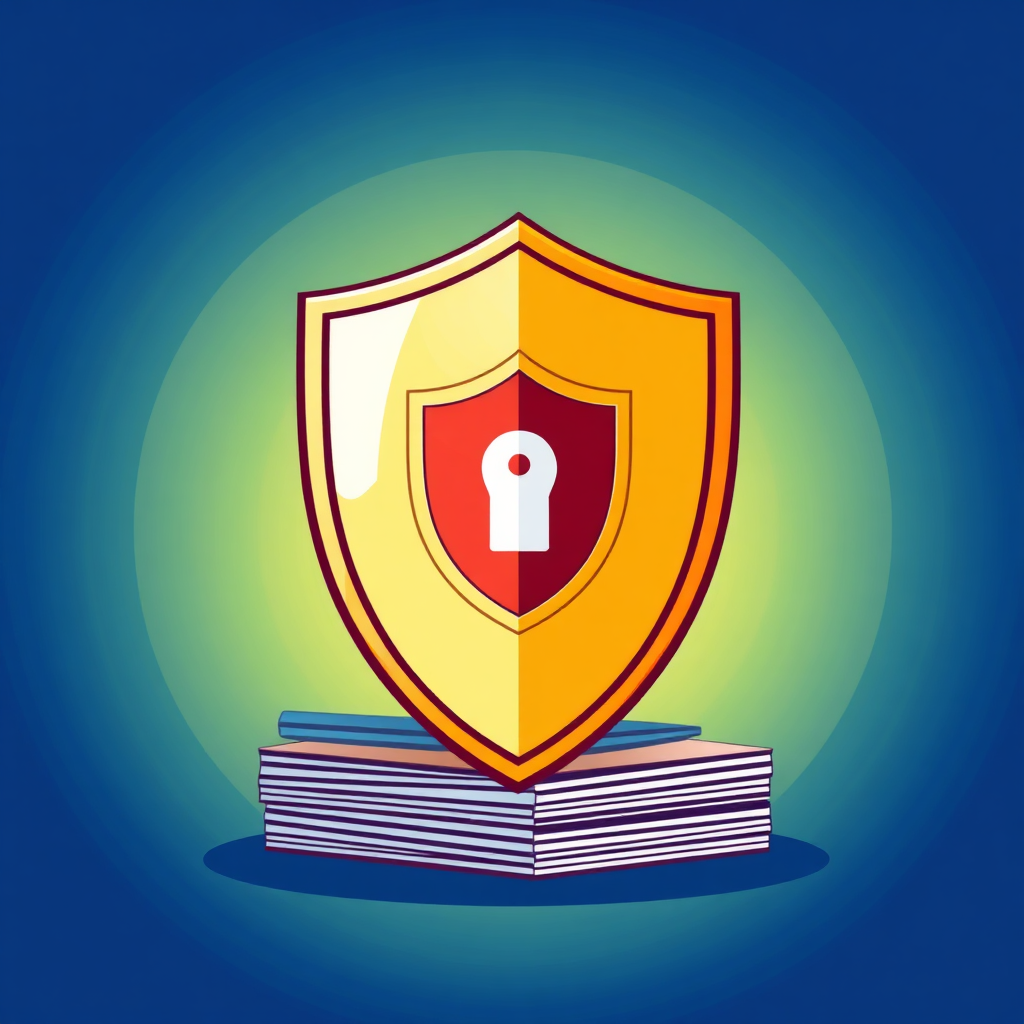 Create a visually appealing image depicting a shield protecting a stack of invoices, symbolizing security and peace of mind. The shield should be modern and stylized, with a clean and professional design.