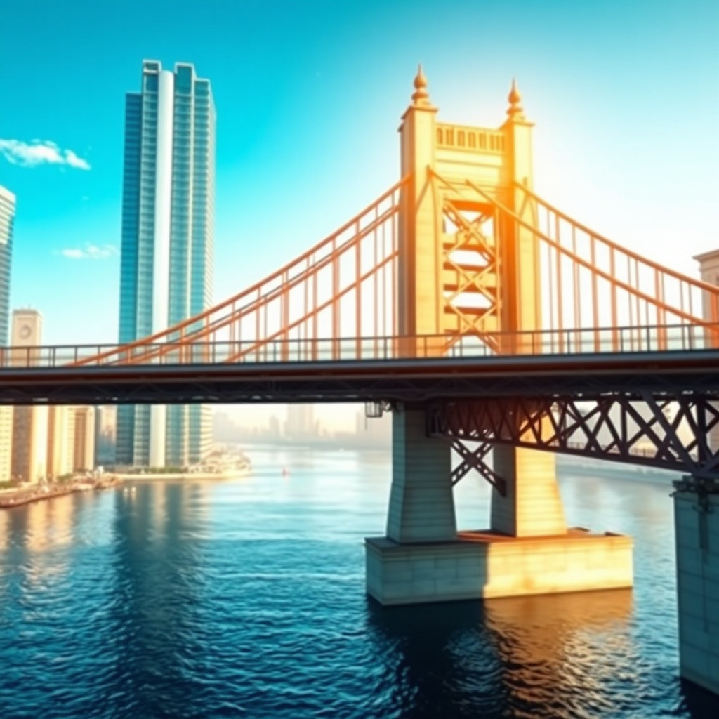Create an image depicting a bridge connecting two buildings, representing the connection between lenders and borrowers. The bridge should be strong and stable, symbolizing the reliability of the brokerage service. The lighting should be bright and optimistic, with a color palette of blues and golds. The camera angle should be a wide shot, capturing the entire bridge and its surroundings. Technical specs: 4K resolution, stylized.