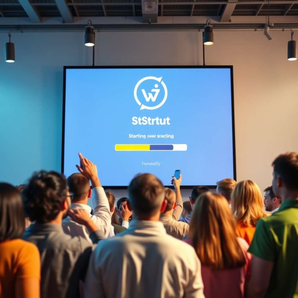 Create an image depicting a diverse group of people contributing small amounts of money to a central project displayed on a large screen. The screen showcases a startup logo and a progress bar indicating the funding goal. The lighting should be bright and cheerful, with a color palette of vibrant blues, greens, and oranges. The camera angle should be eye-level, capturing the interaction between the contributors and the project. The style should be modern and dynamic, reflecting the energy of crowdfunding. Technical specs: 4K resolution, photorealistic.