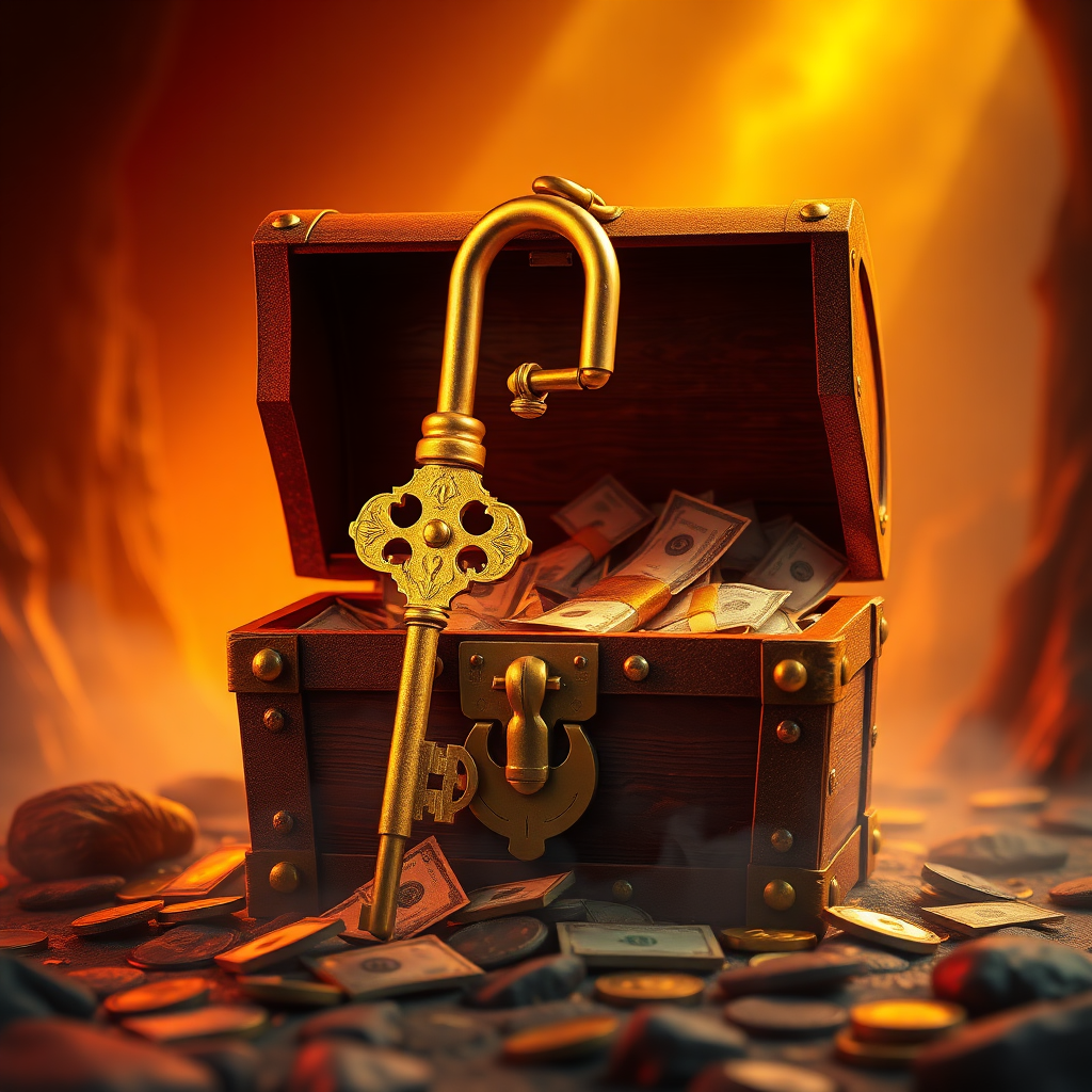 Create an image depicting a golden key unlocking a treasure chest filled with money. The key represents the grant proposal, and the treasure chest represents the funding. The lighting should be dramatic and exciting, with a color palette of golds and reds. The background should be a mysterious and adventurous landscape. Technical specs: 4K resolution, stylized.