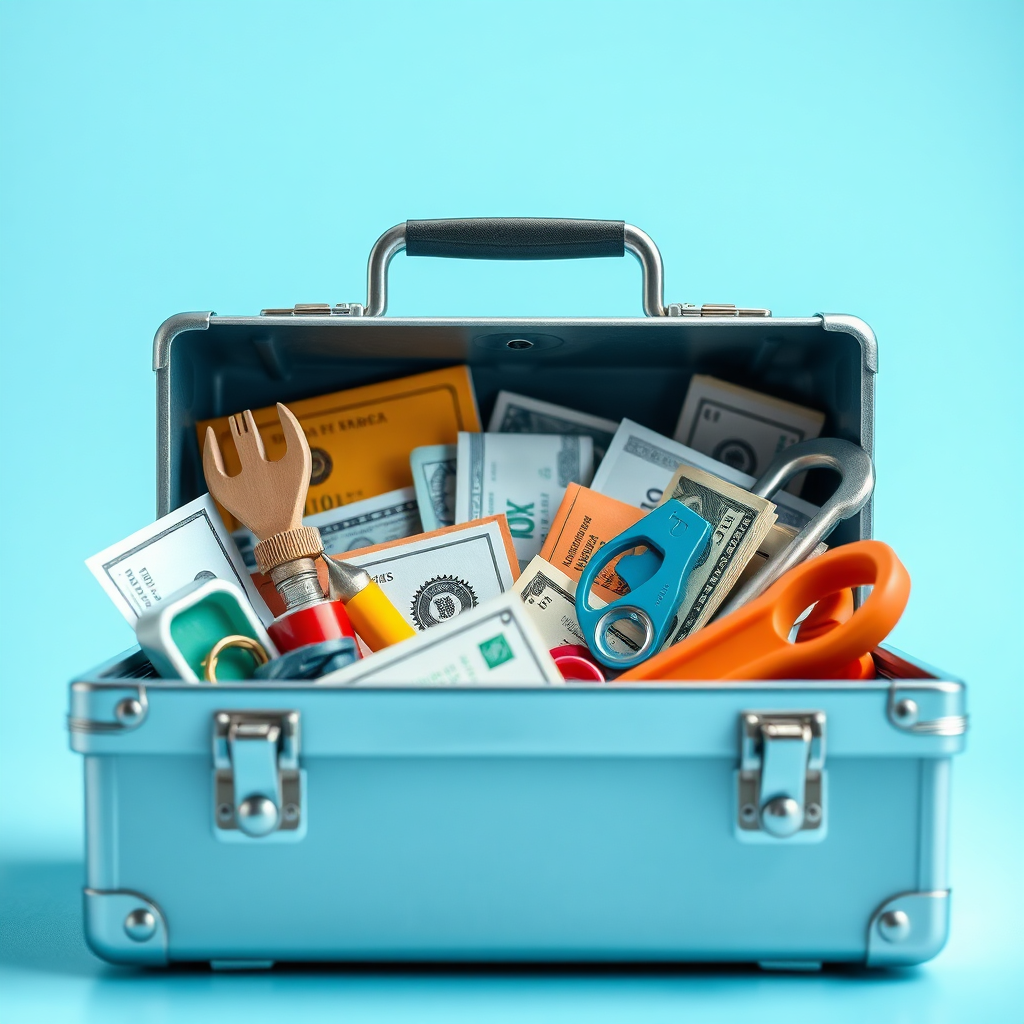 Create an image depicting a toolbox filled with various financial instruments, representing the diverse range of alternative financing options. The toolbox should be well-organized and easily accessible, symbolizing the ease of use of the service. The lighting should be clear and informative, with a color palette of blues and greens. The camera angle should be close-up, focusing on the contents of the toolbox. Technical specs: 4K resolution, stylized.