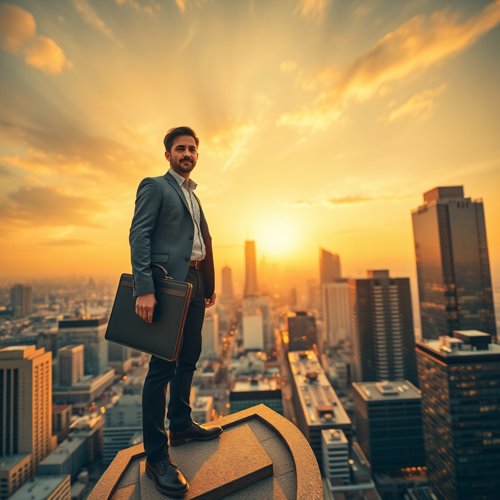 Create an inspiring image of an independent investor standing on top of a commercial building, overlooking a thriving cityscape. The lighting should be golden and uplifting, symbolizing achievement and success. The color palette should be warm and inviting, using shades of orange, yellow, and brown. The camera angle should be low, emphasizing the height and power of the investor. Include subtle details, such as a briefcase and a confident expression, to reinforce the theme of independent success.