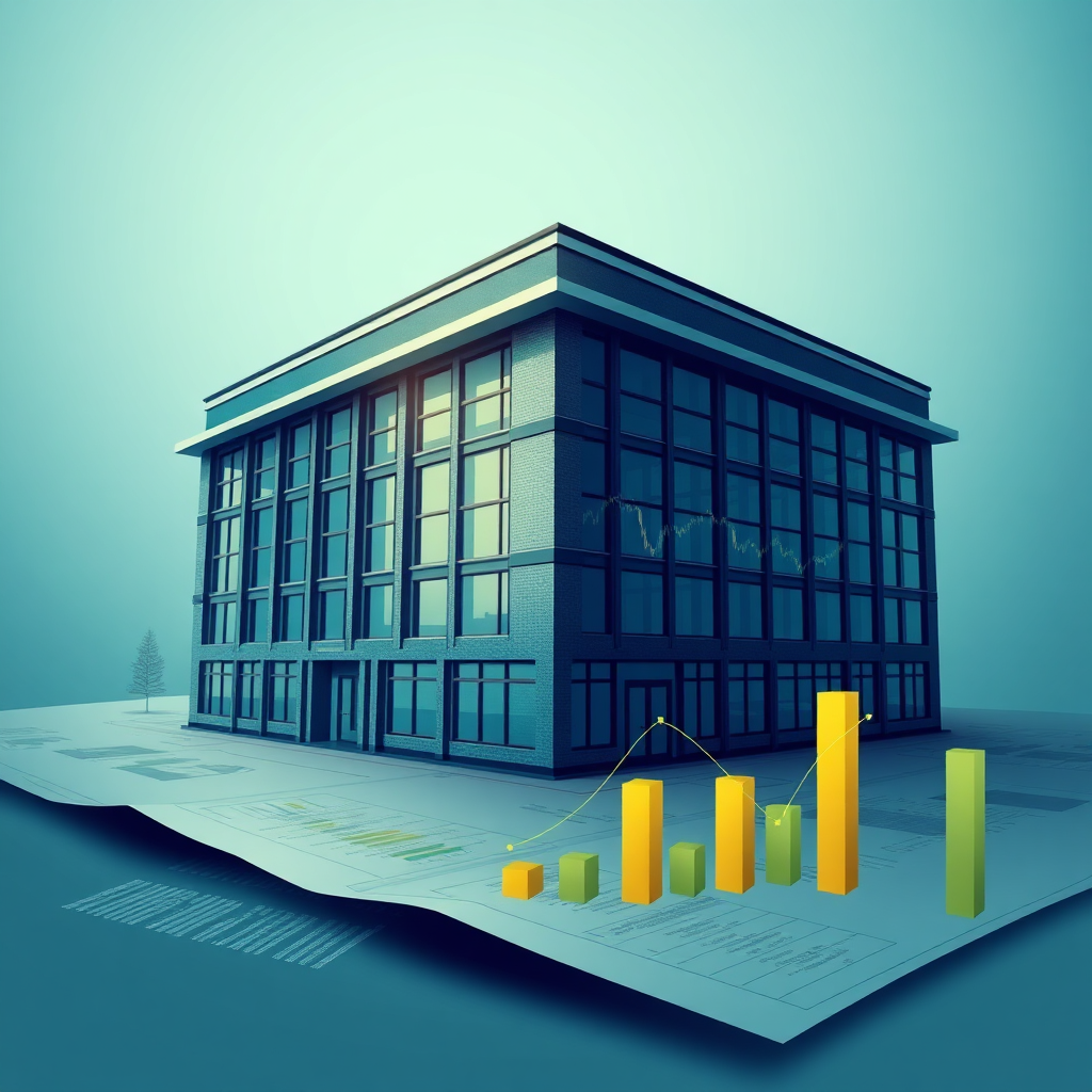 Generate a stylized image featuring a blueprint of a commercial building overlaid with financial charts and graphs. The color scheme should be professional and trustworthy, using shades of blue, green, and gold. The lighting should highlight the details of both the blueprint and the charts.