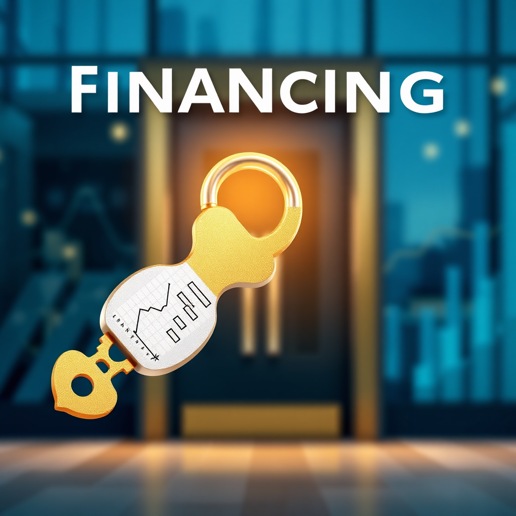 Generate a stylized image representing financing solutions. The image should feature a key unlocking a door leading to a commercial building. The key is made of financial charts and graphs, symbolizing access to investment opportunities. The color palette should be professional and inviting, using shades of gold, silver, and blue. The lighting should be focused on the key and the door, emphasizing the path to financial success. The background should be blurred, suggesting a wide range of available options.