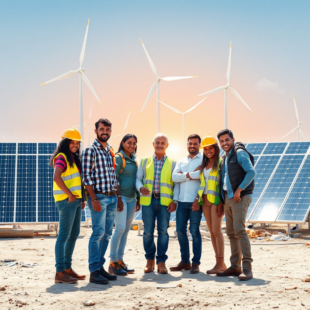 Produce a dynamic image showing a diverse group of people working together on a construction site, with various alternative energy sources in the background (e.g., solar panels, wind turbines). The lighting should be bright and energetic, capturing the innovation and progress of alternative financing.