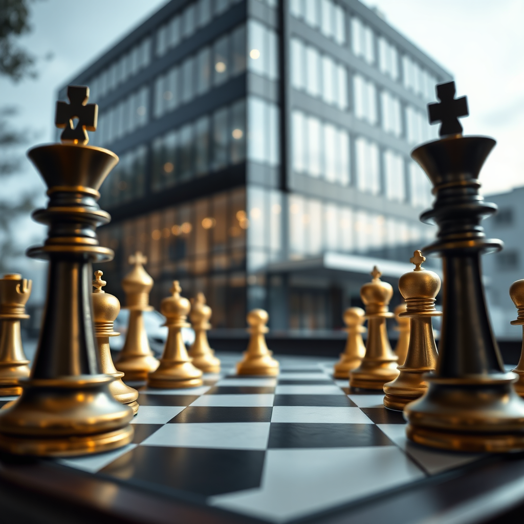 Produce a photorealistic image of a chess game in progress, with a commercial building in the background. The chess pieces are strategically positioned, representing the tactical decisions involved in investment property mortgages. The lighting should be dramatic and focused, highlighting the tension and strategy of the game. The color palette should be classic and elegant, using shades of black, white, and gold. The camera angle should be slightly elevated, providing a clear view of the chessboard and the surrounding environment. Include subtle props, such as a strategy book and a cup of coffee, to reinforce the theme of strategic advantage.