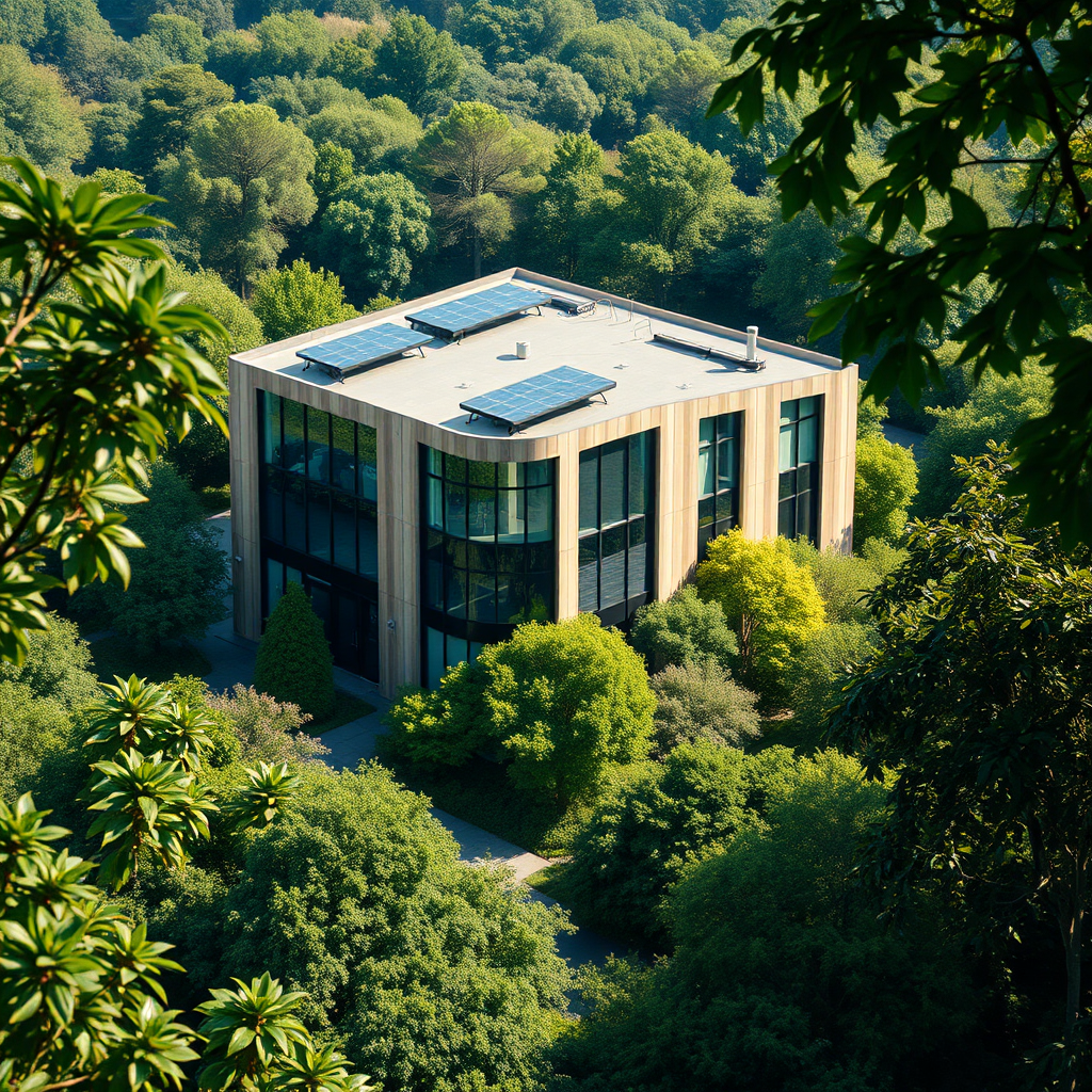 Produce a photorealistic image of a commercial building surrounded by lush greenery, symbolizing long-term growth and sustainability. The building is modern and well-maintained, representing a solid investment. The lighting should be natural and vibrant, capturing the beauty of the surrounding environment. The color palette should be rich and earthy, using shades of green, brown, and blue. The camera angle should be slightly elevated, providing a panoramic view of the building and its surroundings. Include subtle details, such as solar panels and rainwater harvesting systems, to reinforce the theme of sustainability and long-term growth.
