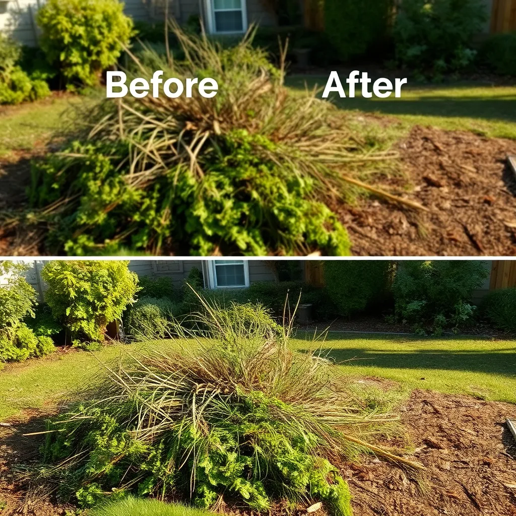 A before and after image of brush cleaning. The 'before' image shows a cluttered, overgrown yard with brush and debris. The 'after' image shows the same area, now clean and tidy, with the brush removed and the ground clear.