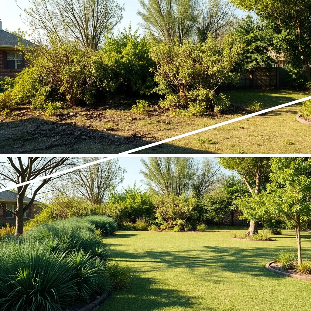 A before and after photo of a cluttered outdoor space with overgrown brush, followed by the same space with the brush removed, revealing a clean, open area ready for landscaping. The image should showcase a sense of transformation and spaciousness.