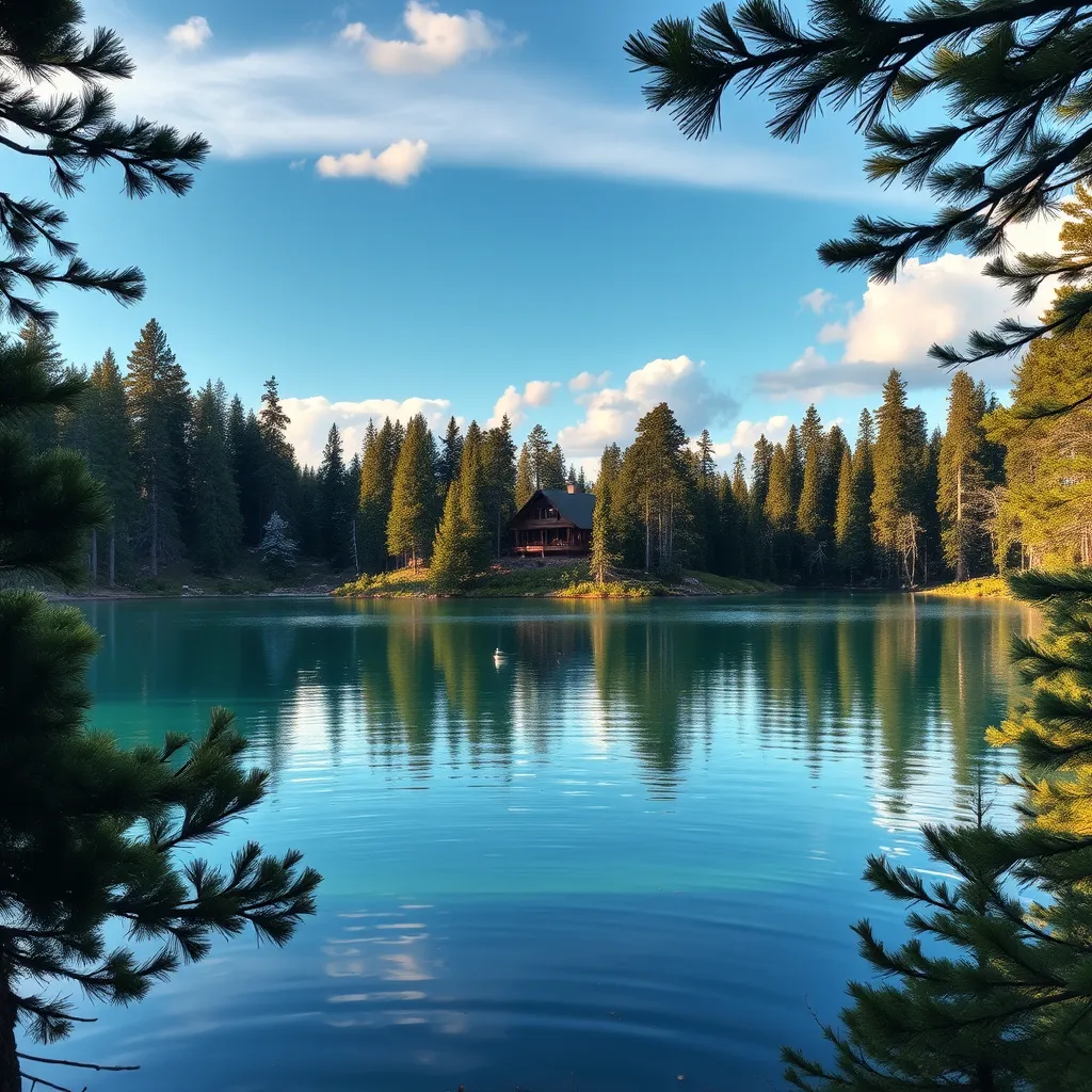 A breathtaking vista of a pristine lake in northern Michigan, with a luxurious cabin nestled amongst towering pine trees. The image should capture the beauty of the natural landscape and the allure of recreational activities such as fishing, boating, and hiking.