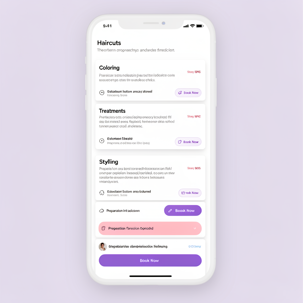 Mobile interface for a digital beauty service menu.