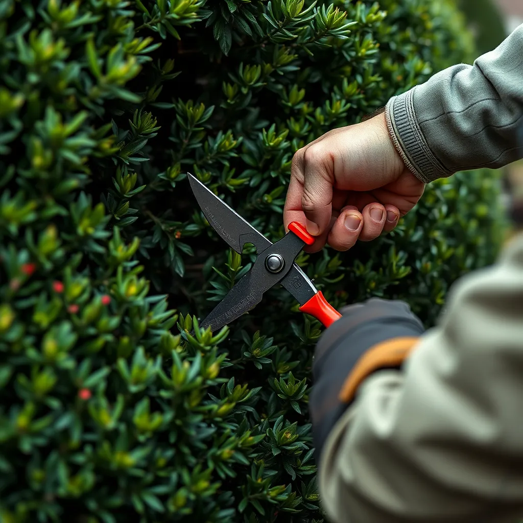 A close-up image of a gardener carefully trimming a large, well-maintained shrub with hedge shears. The image should focus on the precise, clean cuts and the sculpted shape of the shrub.