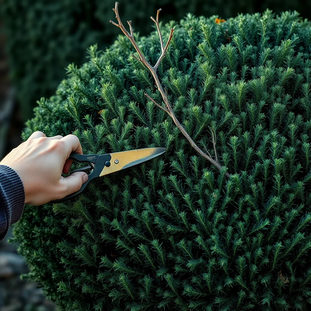 A close-up photo of a person meticulously pruning a large, bushy shrub with gardening shears. The image should focus on the precision and detail involved in the pruning process, highlighting the transformation from a messy shrub to a sculpted and well-maintained one.
