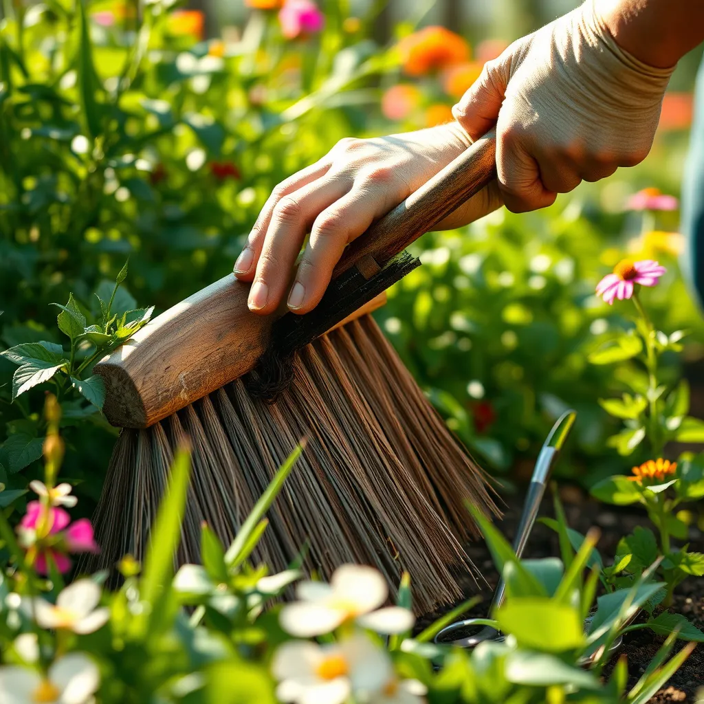 A close-up photograph of a gardener carefully cleaning a large, weathered, wooden brush with a wire brush. The brush is surrounded by lush green foliage and colorful flowers. The scene is bathed in soft, warm sunlight, highlighting the textures and details of the brush and the surrounding greenery.  The image is rendered in a photorealistic style with sharp focus and vivid colors, capturing the beauty of the natural world and the dedication of the gardener. The image is 8K resolution, ultra-detailed, and evocative of a peaceful, serene garden setting.