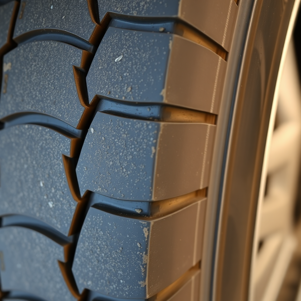 A close-up, photorealistic 4K image of a car tire showing distinct uneven wear patterns. The tire should be slightly dusty. The background should be blurred. The lighting should highlight the differences in tread depth. Camera angle: very close, focusing on the wear pattern.