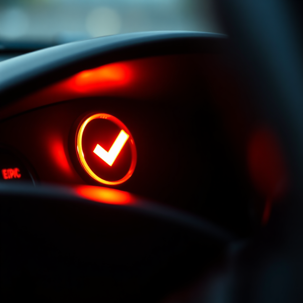 A close-up, photorealistic image of a check engine light illuminated on a car dashboard. The dashboard should be slightly blurred in the background. The lighting is focused on the light itself, casting a soft glow. The color palette is primarily black and orange, with a slight hint of red. The camera angle is tight, emphasizing the urgency of the warning light. The texture should be smooth and slightly reflective. The style is dramatic and attention-grabbing, inspired by warning labels and safety signs. Aim for a minimalist composition with maximum impact.