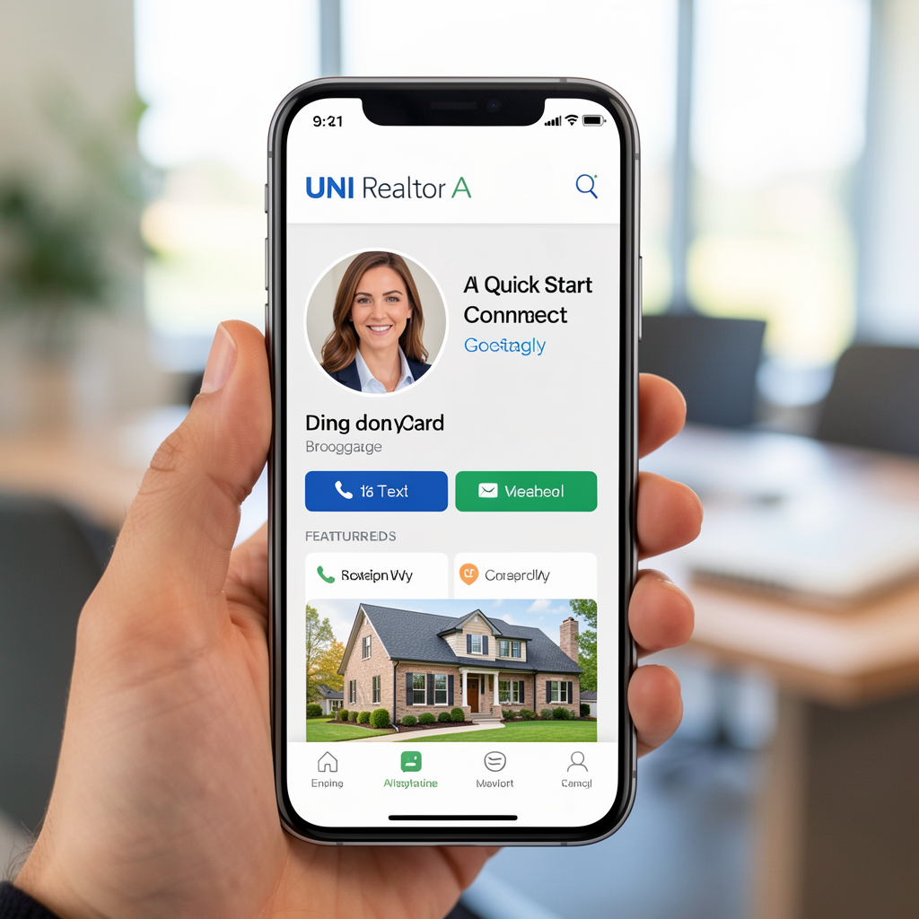 Smartphone mockup showing the UNI Realtor Connect Card