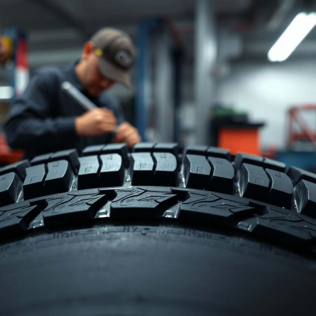 A close-up shot emphasizing the tread depth of a used tire, showcasing its excellent condition. The background should subtly show a mechanic inspecting the tire with tools, conveying quality assurance. Use sharp focus and realistic lighting.