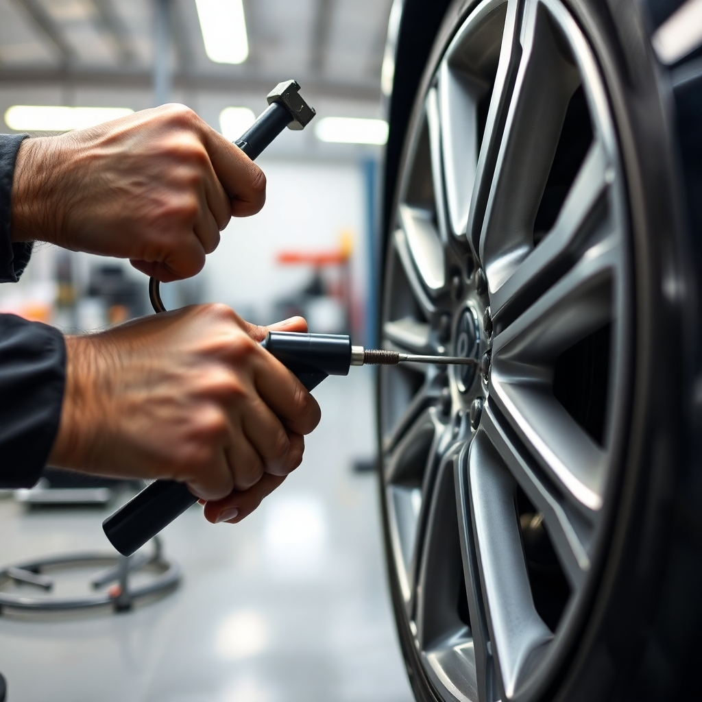 A close-up shot of a technician's hands meticulously repairing a damaged alloy wheel using specialized tools in a clean, well-lit auto repair shop. The background should be blurred, focusing attention on the repair process. The image should convey precision and expertise.