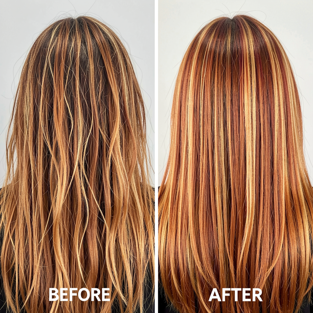 Hair color correction before and after.