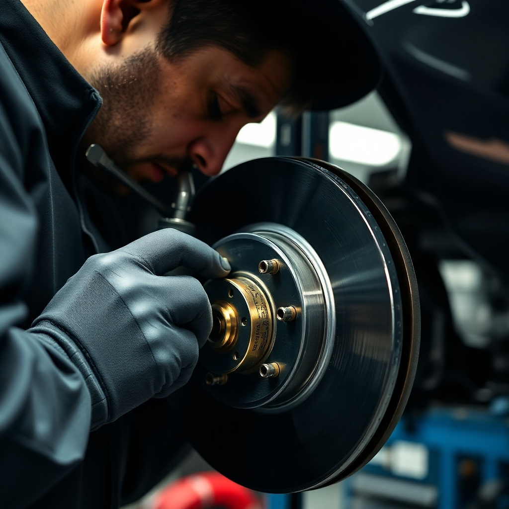 A detailed close-up shot of a mechanic meticulously working on a car's brake system. The image should showcase the precision and care involved in replacing brake pads or rotors. High-quality tools should be visible, and the focus should be on the detailed work being performed on the brake components. The lighting must be sharp and clear to highlight the quality of the work. The setting should be a clean, well-organized auto repair shop.