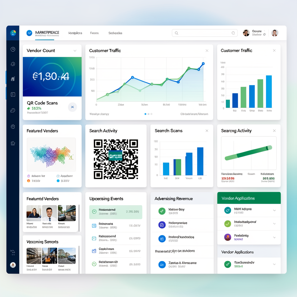 Full marketplace dashboard mockup with various widgets