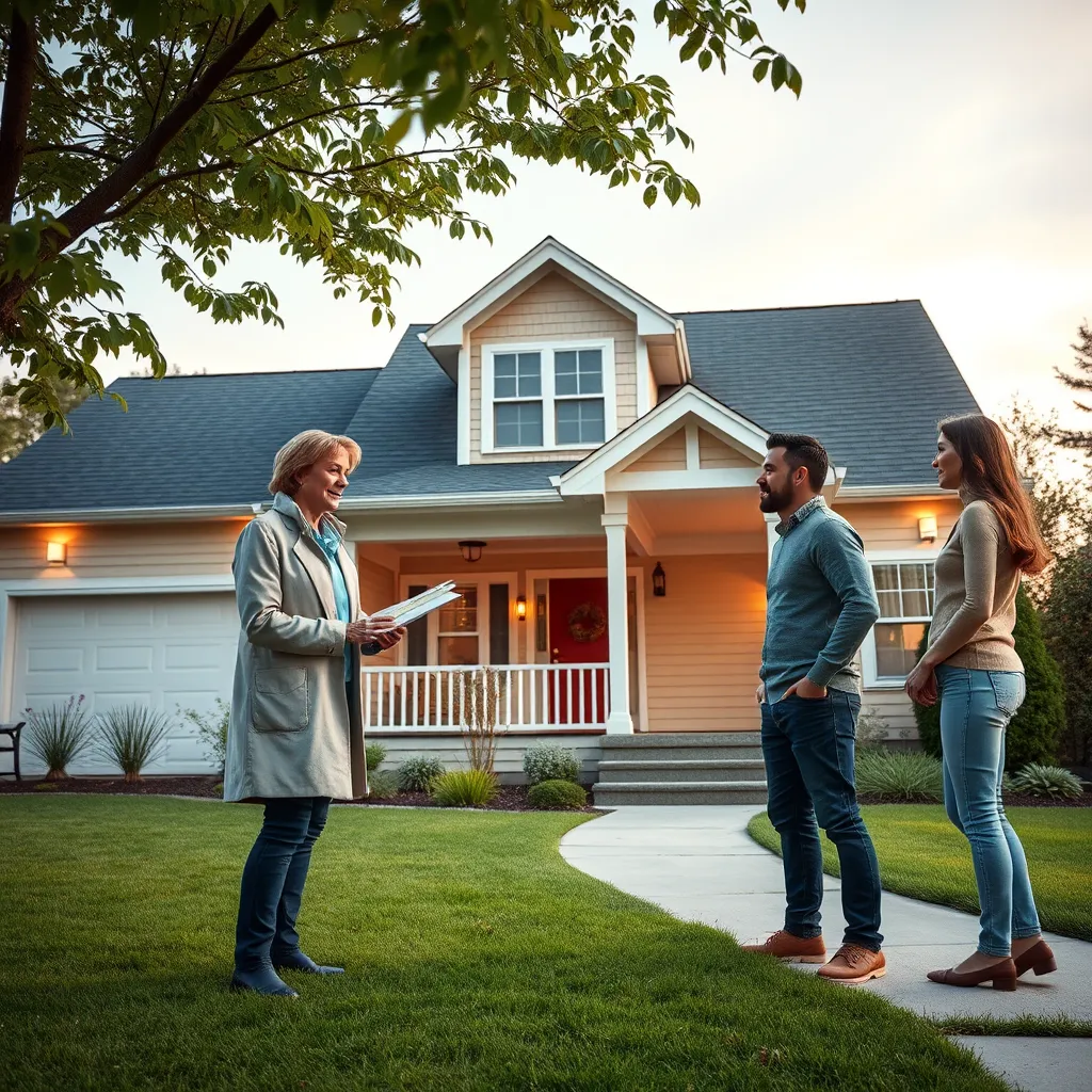 A detailed image of a realtor showing a house to a couple, with the house's exterior clearly visible, showcasing the yard, porch, and landscaping.