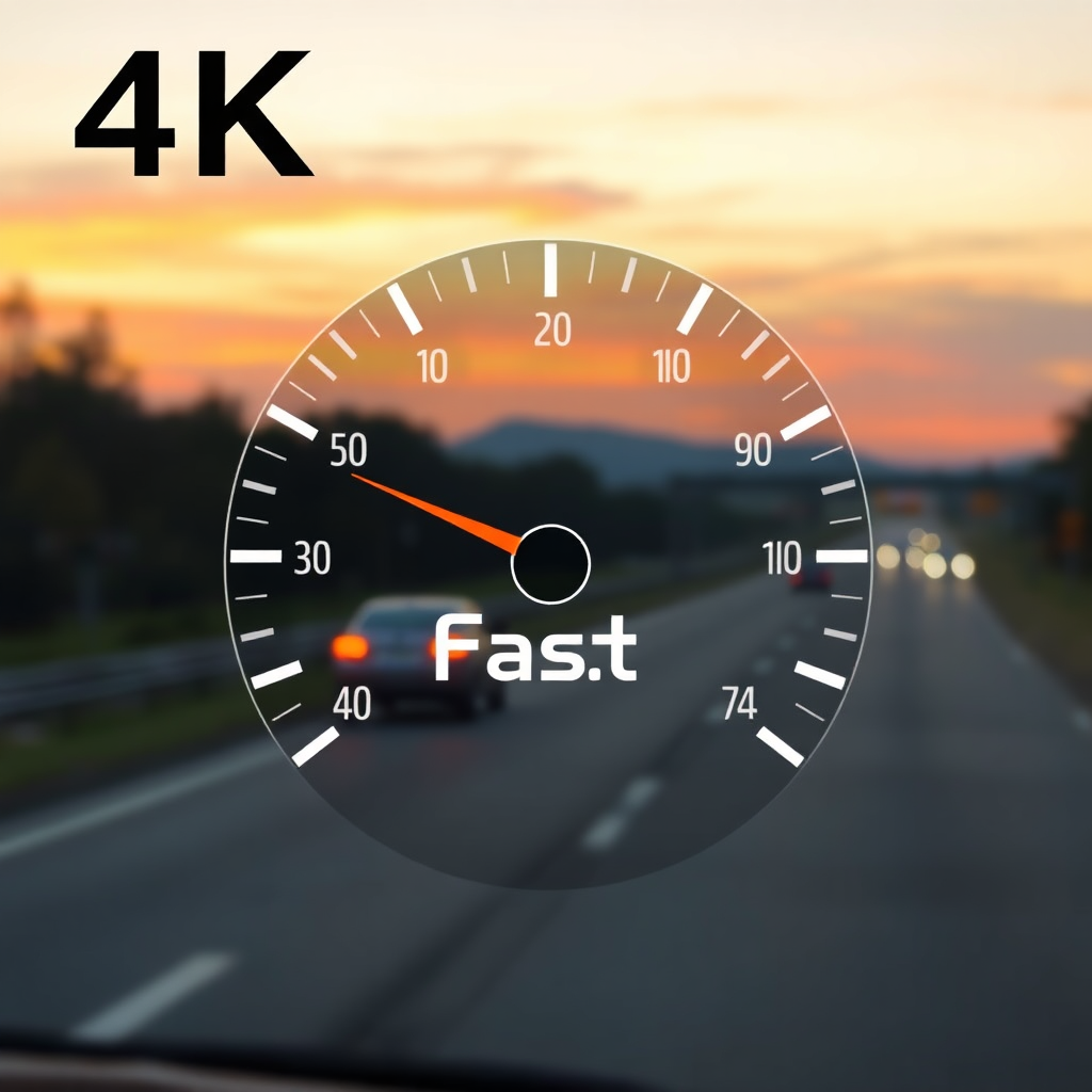 A digital speedometer graphic with the needle pointing to 'Fast,' overlaid on a blurred image of a car driving on a highway at dusk. Emphasize speed and efficiency. 4k resolution.