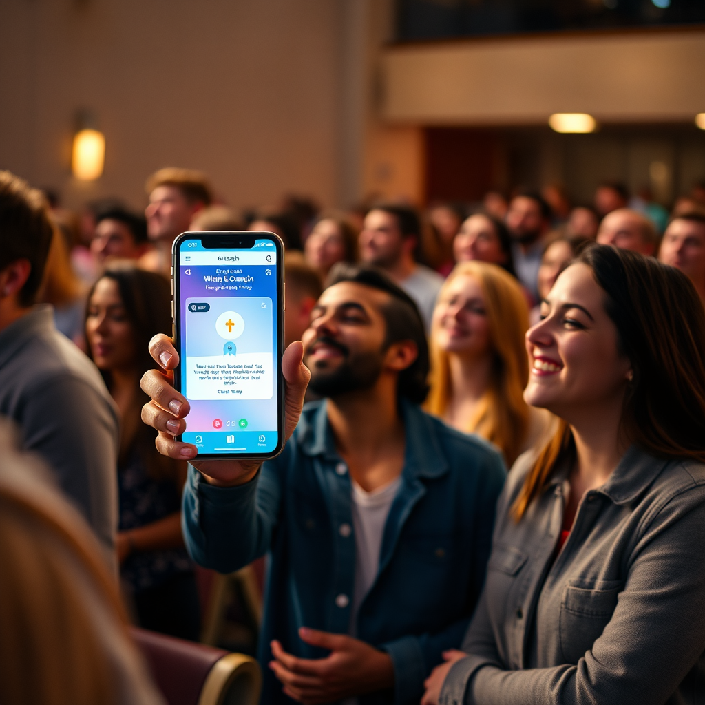 Diverse church members engaging with technology