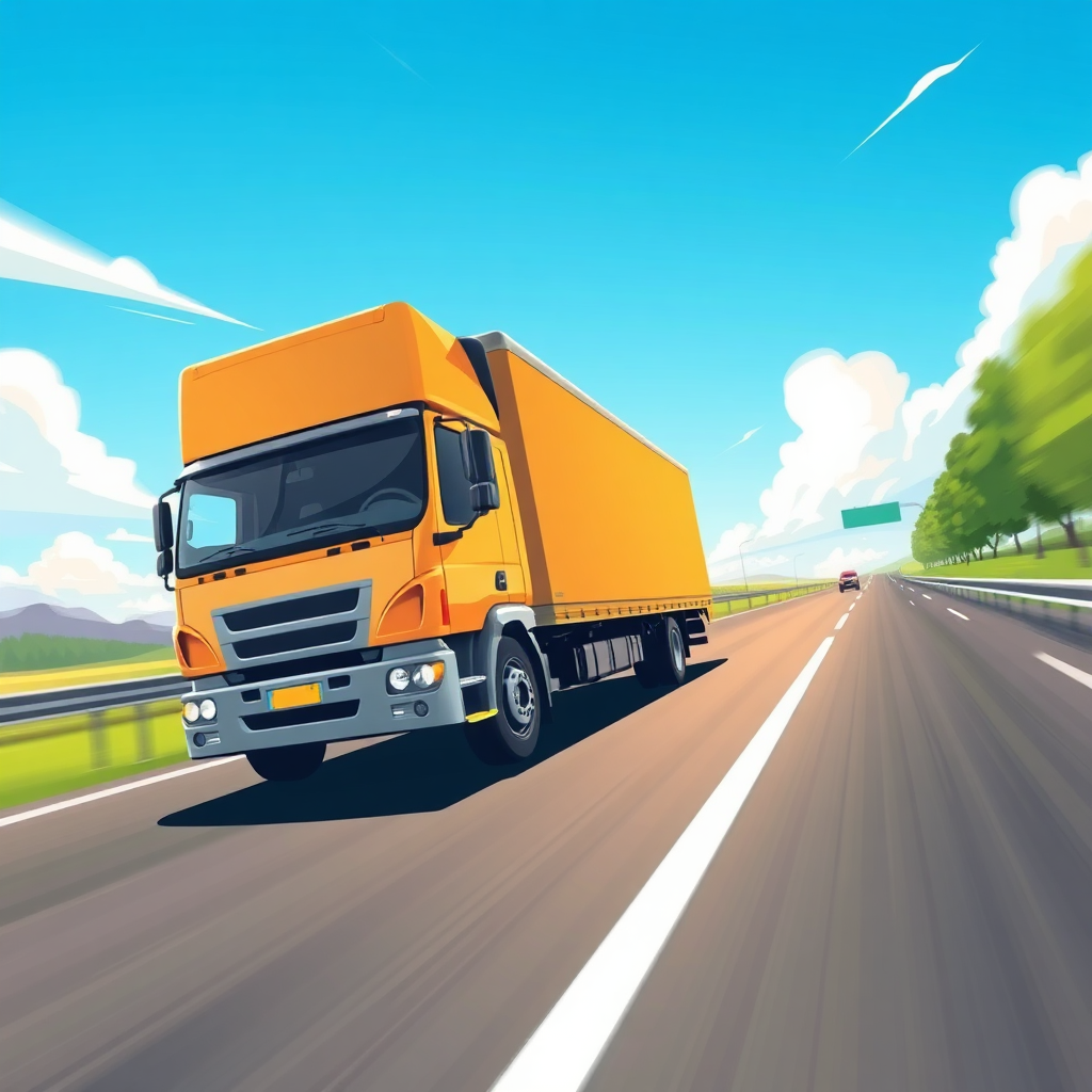 A dynamic illustration depicting a delivery truck speeding down a highway. Emphasize the speed and efficiency of the delivery process. Bright, sunny color palette to convey optimism. The camera angle is a low angle to make the truck appear larger and more imposing. Stylized image with a focus on movement.