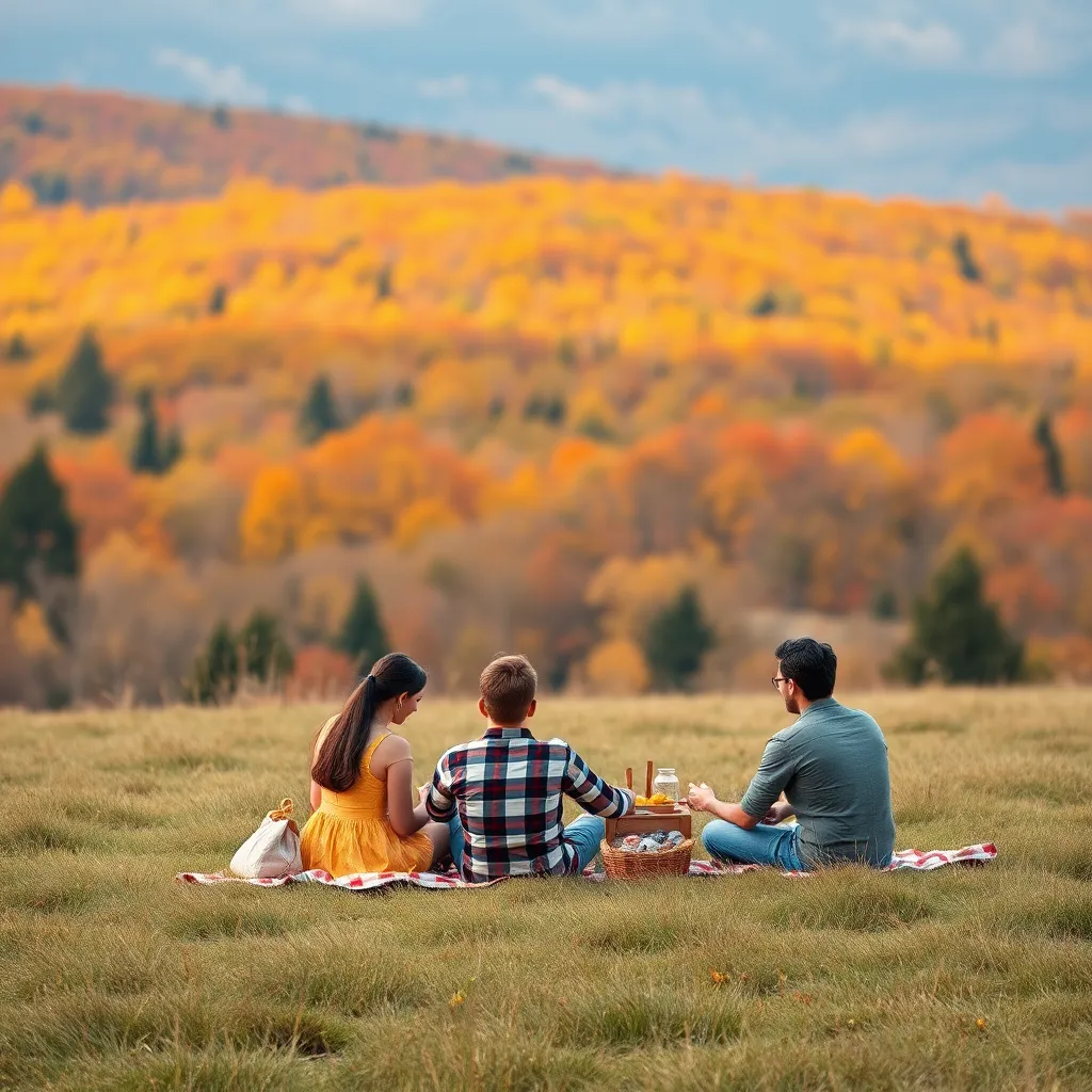 A family enjoying a picnic in a vast, grassy field with a breathtaking view of a vibrant fall foliage forest in the background.