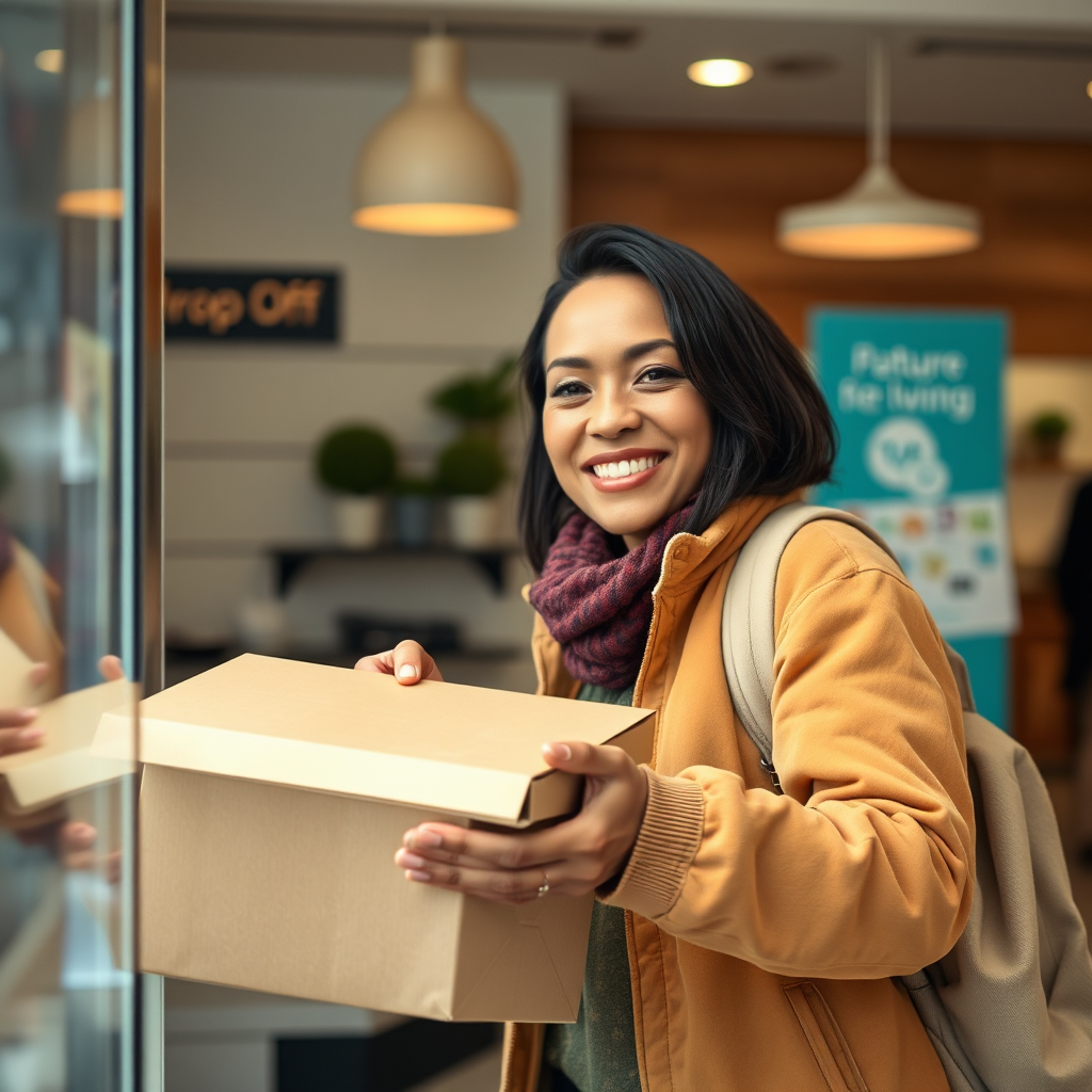 A friendly and approachable image depicting a person easily returning a package at a drop-off location. The scene should convey ease and convenience. Warm, inviting color palette. The camera angle is medium shot, capturing the person's relaxed expression. The background is a clean and modern retail environment.