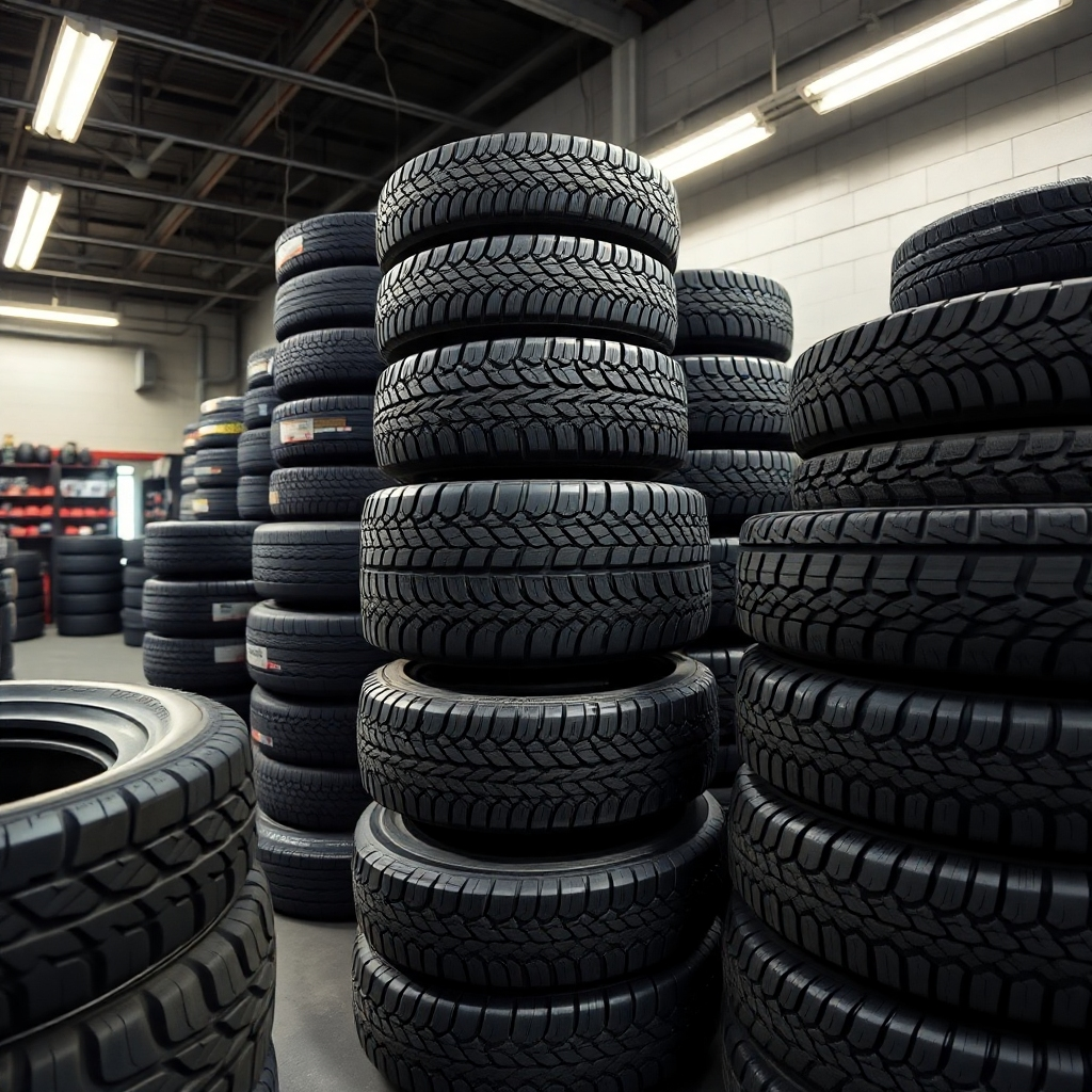 A high-angle, well-lit shot of a diverse range of tires neatly stacked in a tire shop. Include various sizes, tread patterns, and brands, highlighting the variety.  The background should be a clean, organized tire shop interior.