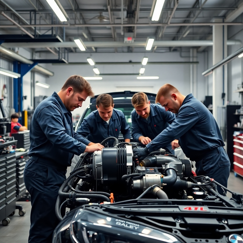 A high-resolution image showcasing a team of skilled mechanics collaboratively working on a vehicle's engine in a professional auto repair garage.  The image should be bright, clean, showing advanced tools and equipment, and highlight teamwork. The mechanics should wear clean uniforms.